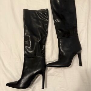 Women's Black High Heel Knee Boots - Sleek Pointed Toe